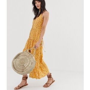 Band of Gypsies burnt orange/yellow floral tiered midi dress